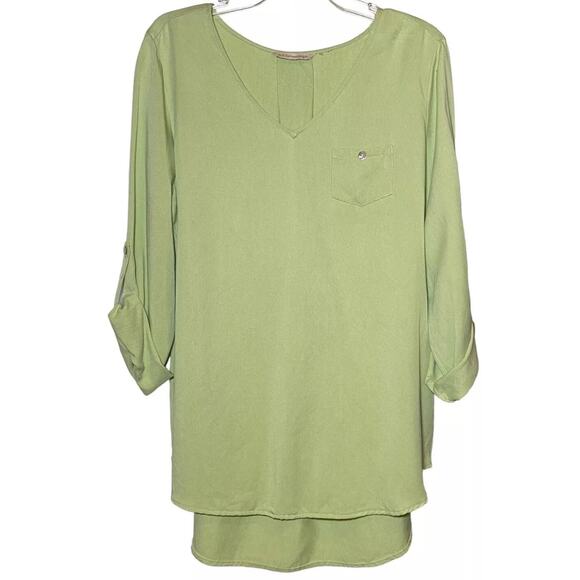 Soft Surroundings Tencel Tunic Top V-Neck Sage Green Long Roll Tab Sleeves Sz L - Picture 1 of 5
